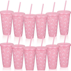 20 Pcs 24 OZ Pink Bow Plastic Cups Bulk Drinking Cups with Straw and Lid for Summer Women Office Cold Drink Wedding Birthday Party Supply New Year Gifts