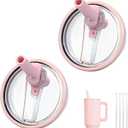 40oz Flip Straw Lid for HydroJug Traveler, Leak Proof Top Cap Replacement for HydroJug Tumbler, BPA-Free Dishwasher Safe Leak Resistant Cap with 4 Straws, Lids Accessories for Hydro Jug, Pink*2