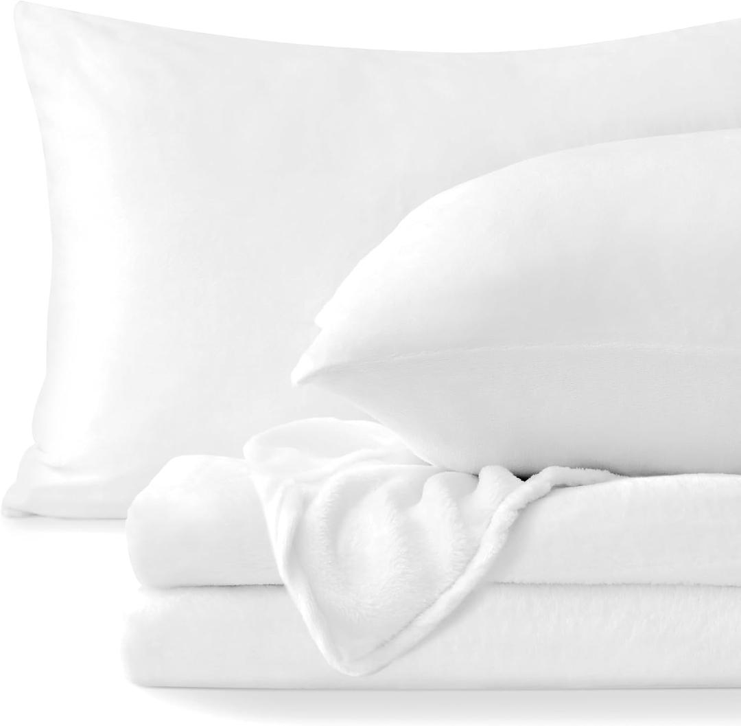 BEDELITE Flannel Sheets Queen Size Bright White - Super Soft Fleece Sheets Set Fluffy Extra Plush, 4 Piece(Include Fitted Sheet, Flat Sheet, 2 Pillowcases)