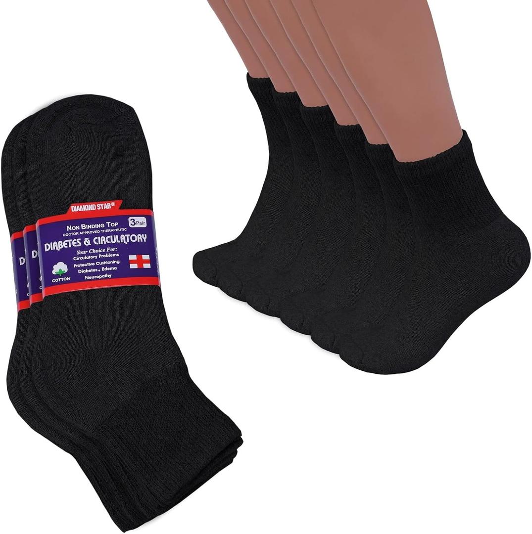 Diabetic Ankle Socks, Non-Binding Circulatory Doctor Approved Cushion Cotton Quarter Socks for Mens Womens 3,6,12 Pack (9-11, 3 Pack Black)