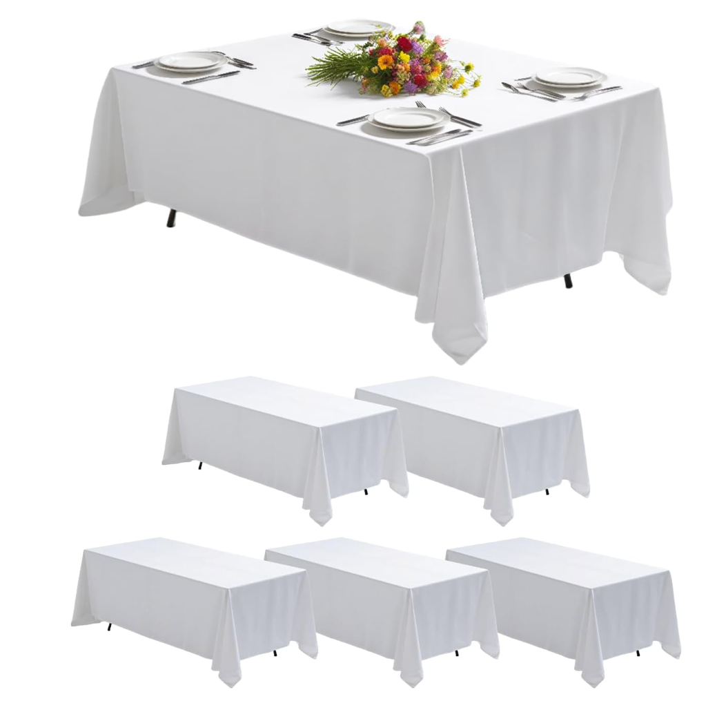 Goodluck 6 Pack White Tablecloth 90 x 132 Inch – Rectangular Polyester Table Cloth, 6-8 Ft Tables – Reusable, Machine Washable Cover for Wedding, Birthday Party Banquet and Event Decoration