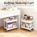 2 Tier Metal Rolling Cart with Wheels for Under Desk Storage & Pantry Storage, High Load-Bearing Kitchen Utility Cart for Small Space, Laundry Room Organization Side Table with 4 Hooks, White