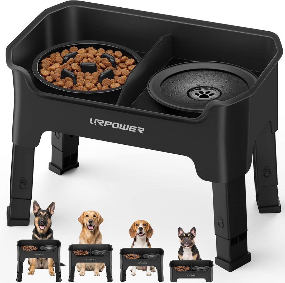 URPOWER Mess Proof Elevated Dog Bowls 4 Height Adjustable Raised Stand with No Spill Water Bowl and Slow Feeder Dog Bowls NonSlip Food and Water Bowl Set for Small, Medium & Large Dogs (Black)