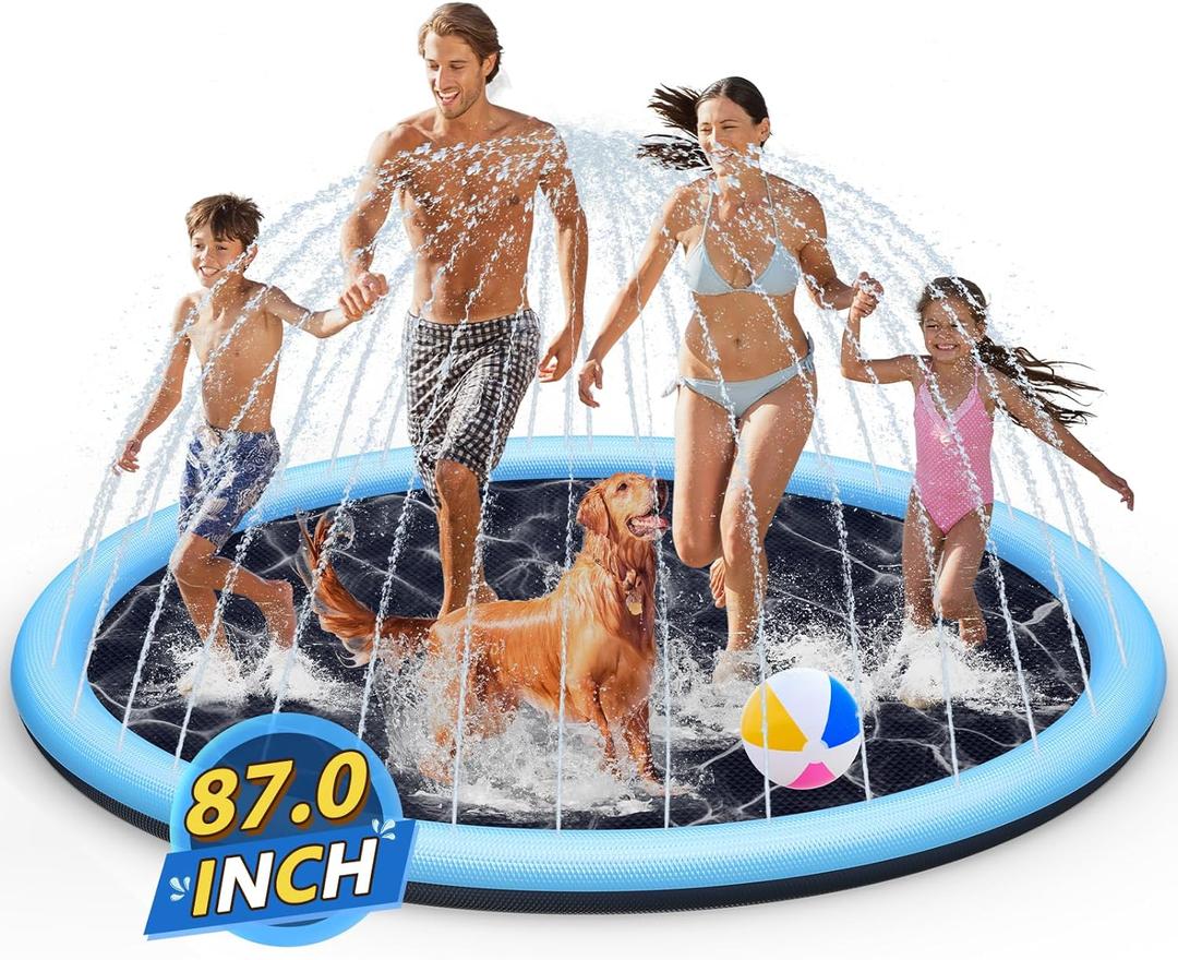 Splash Pad Sprinkler for Kids, 87" Extra Large Non-Slip Baby Play Mat, Dog Pool Toys, Toddler Outdoor Toys for Ages 3-12 Boys Girls, Summer Outdoor, Parent-Kids Games, Backyard, Lawn (87 Inch Light Blue - Dark Blue)