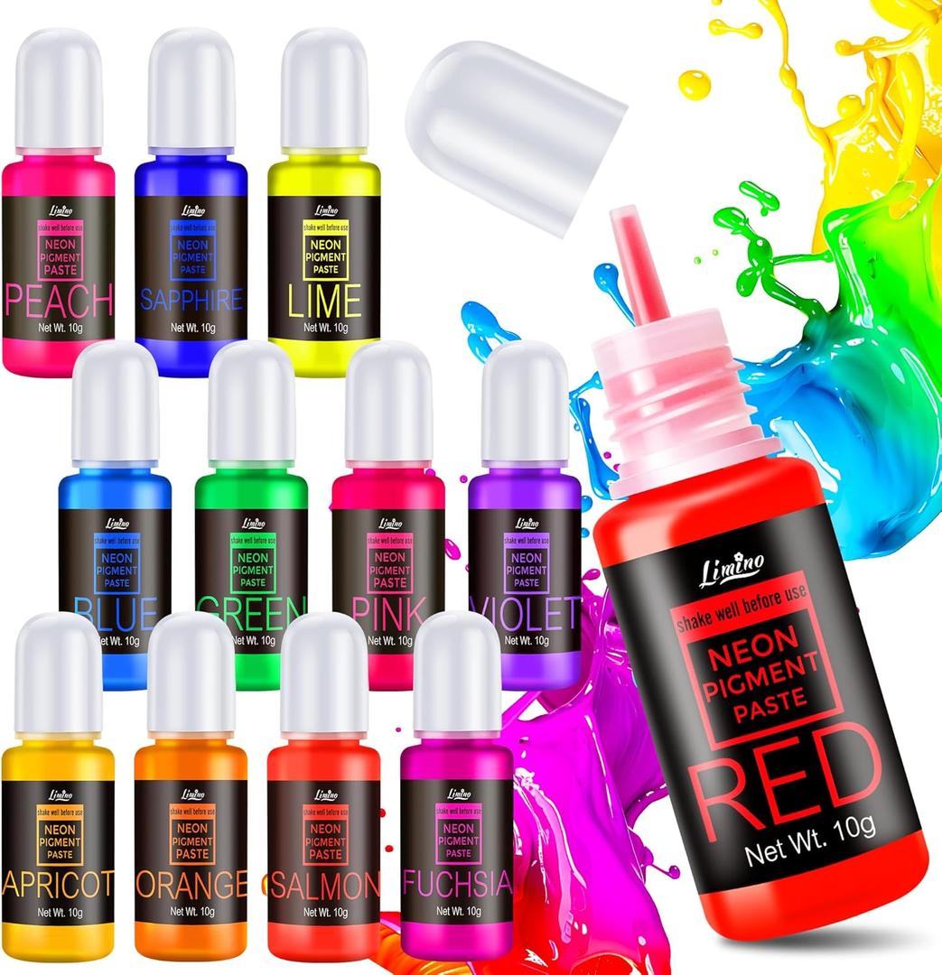 Limino Neon Pigment Paste - 12 Colors Concentrated Color Pigment for Epoxy Resin, Nail Art, Candle, Slime and Bath Bomb, Neon Resin Dye for Jewelry, Halloween Makeup, Tumblers, Coasters and Crafts