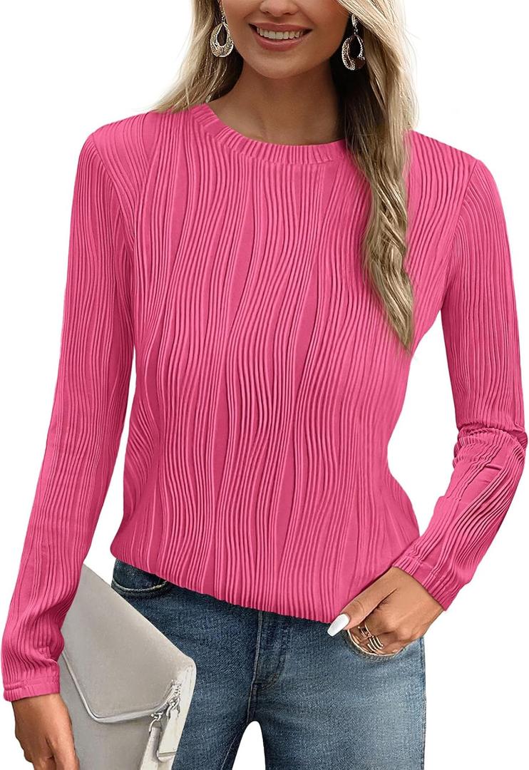 PRETTYGARDEN Long Sleeve Tops for Women Spring Fall Trendy Business Dressy Casual Shirts Crewneck Textured Blouse Clothes (Large)