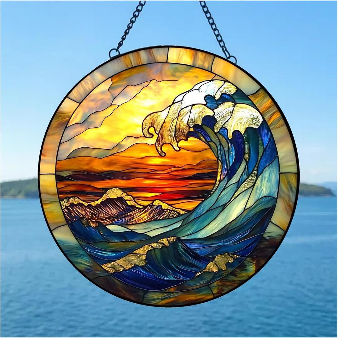 Stained Glass Window Hanging Suncatcher Tree Stained Glass Panel, Decorative Window Sun Catcher for Home,Stained Glass Art Ornament Gifts for Mom, Grandma, Housewarming
