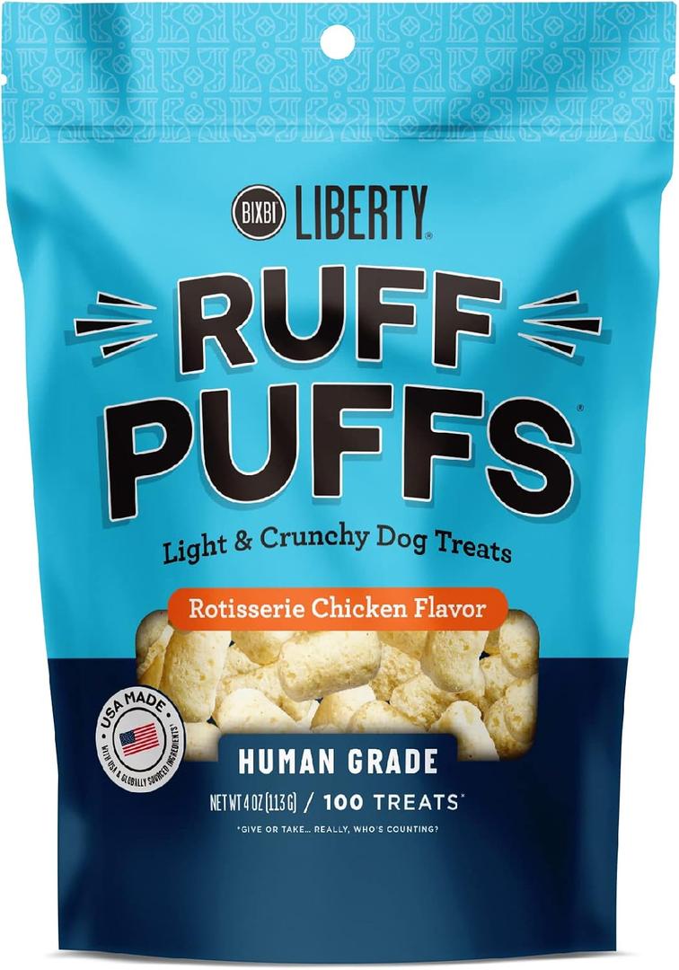 BIXBI Ruff Puffs Flavored Dog Training Treats, Rotisserie Chicken, 4 oz (Best By 10/22/26)
