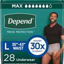 Depend Fresh Protection Adult Diapers, Incontinence Underwear for Men, Disposable, Maximum, Large, Grey, 28 Count, 