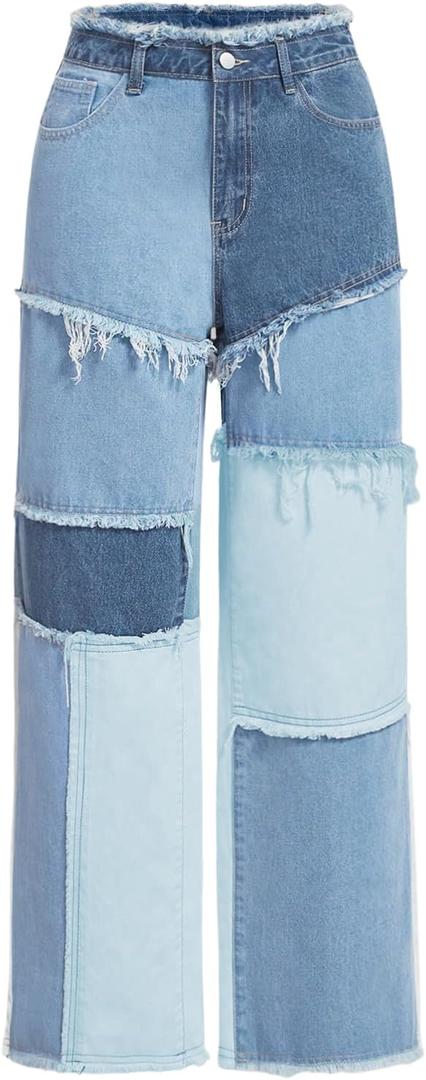 WDIRARA Women's Color Block Patchwork Jeans Raw Trim Zipper Fly Straight Leg Denim Pants (Medium, Dark Blue)