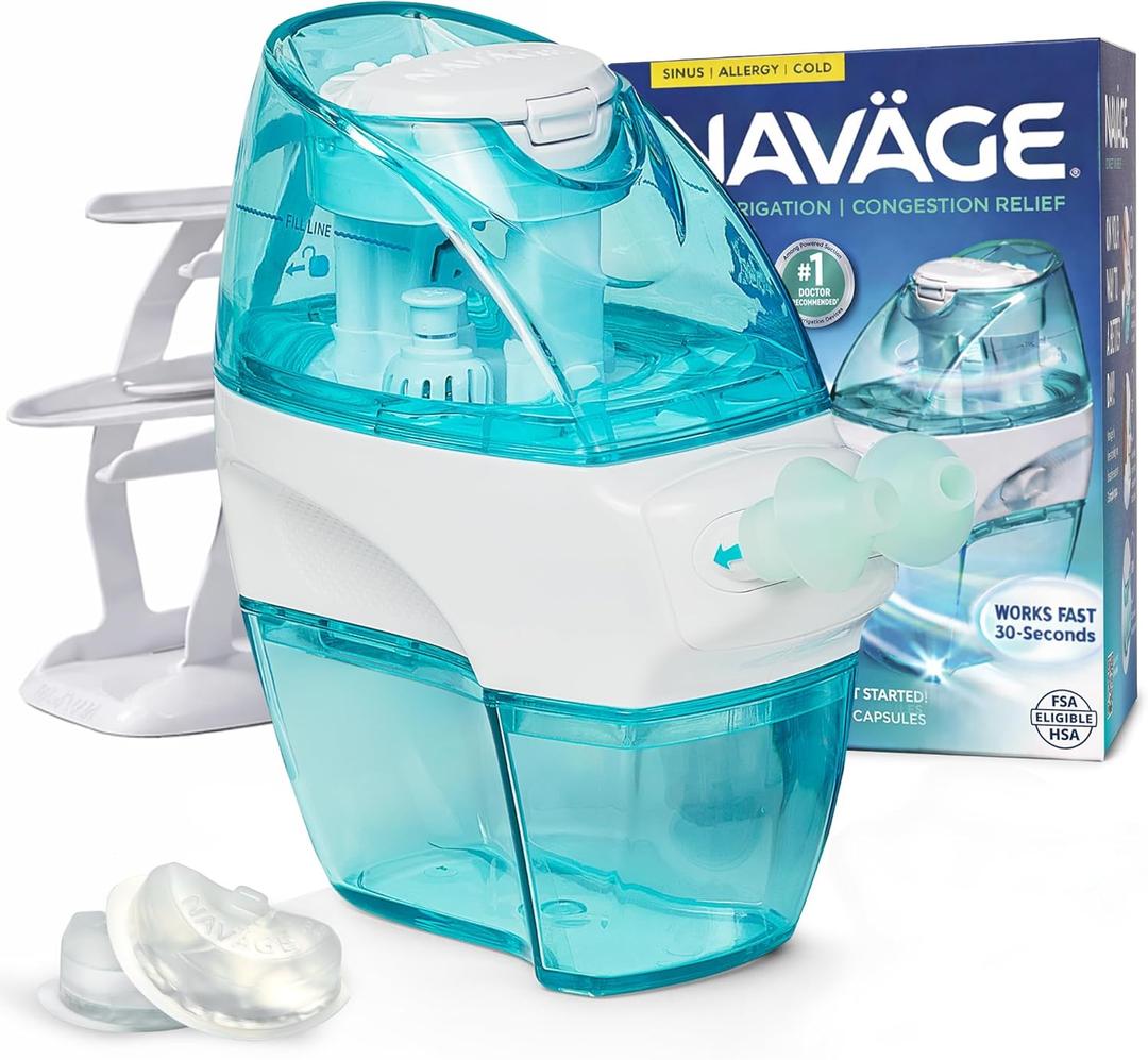 Navage Essentials Bundle - Nasal Irrigation System - Saline Nasal Rinse Kit with 1 Navage Nose Cleaner, 30 Salt Pods and 1 Countertop Caddy