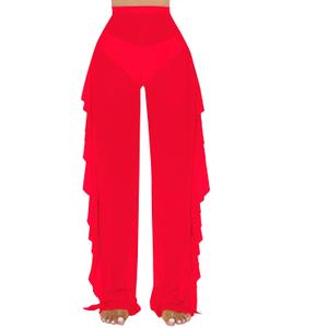 Jumppmile Women's Ruffle Sheer Mesh Swimwear Bikini Cover Up Pants See Through (Large, Red)