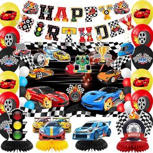 Race Car Party Decorations, Race Car Birthday Party Decorations Includes Banner, Backdrop, Balloons, Hanging Swirls and Honeycomb Centerpieces for Boys Adults