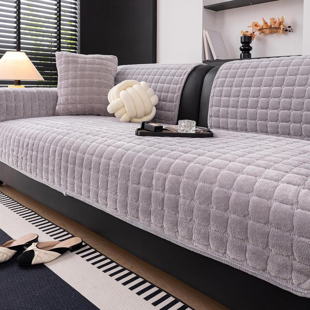 Velvet Couch Covers for Sofa, Sofa Covers Washable Sectional, Medium Anti-Slip Sofa Slipcovers for Recliner and Loveseat(1pc, Light Grey, 36"63")