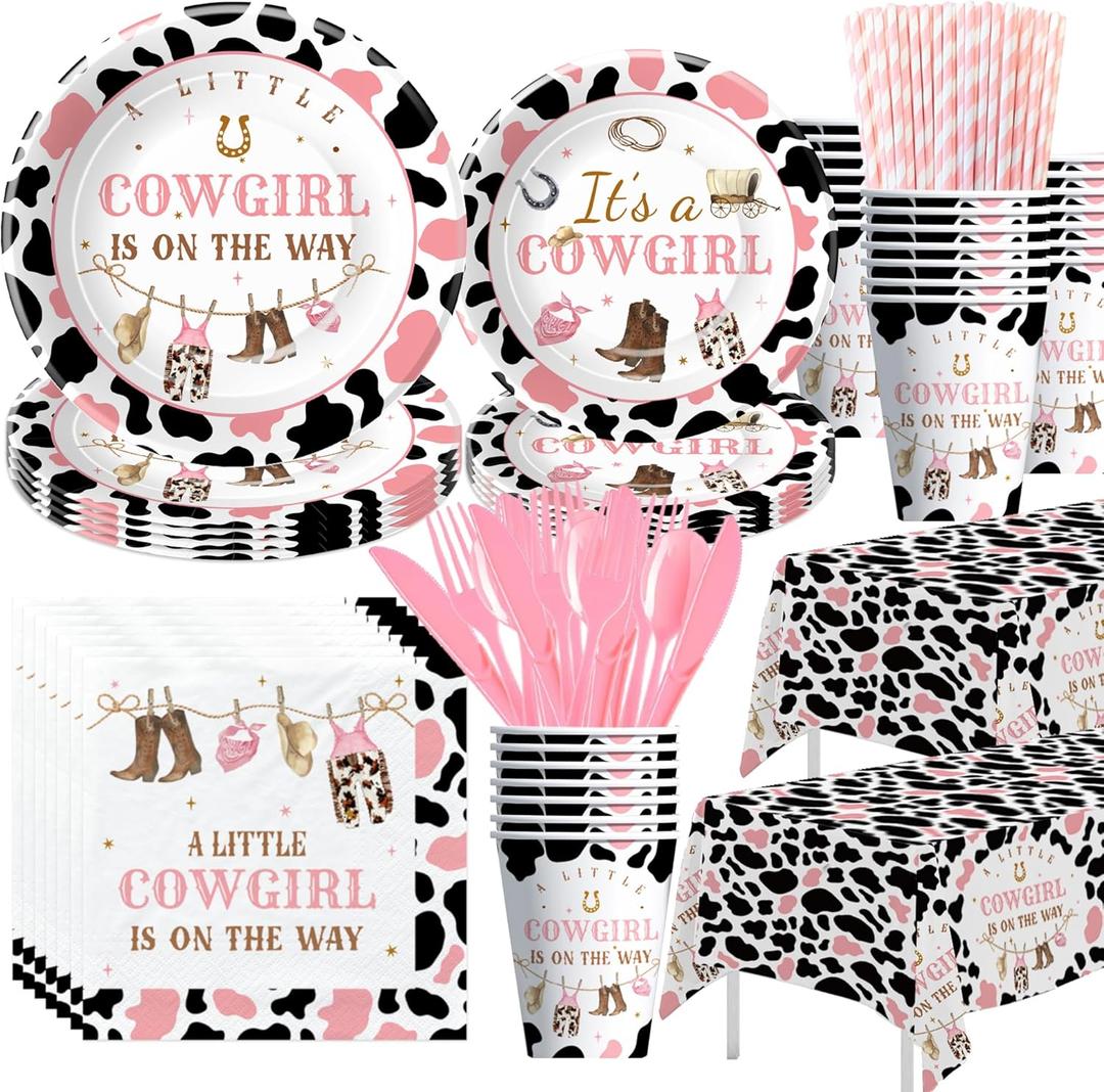 Xigejob Western Cowgirl Baby Shower Decorations Party Tableware, Wild West Rodeo Theme Little Cowgirl Baby Girl Table Decorations Supplies, Paper Plate, Cup, Napkin, Cutlery, Tablecloth, Serves 24