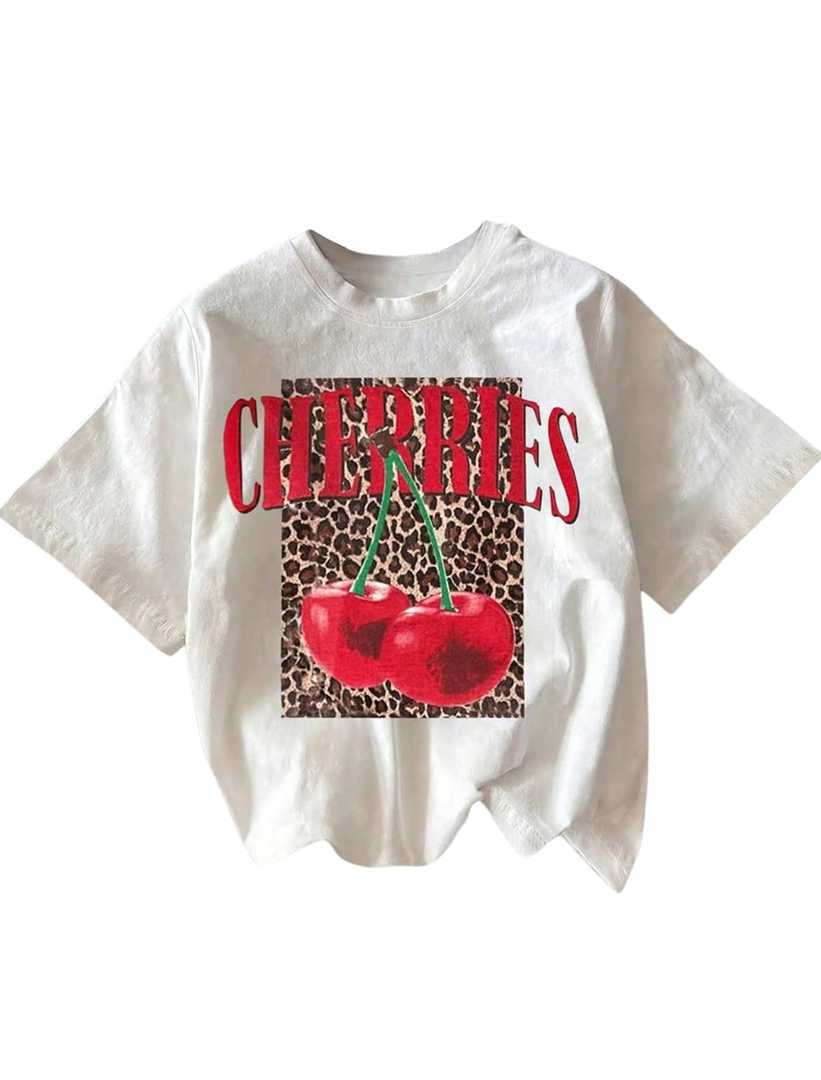 Women's Cherry Bow Graphic Tees Short Sleeve Crew Neck Summer T Shirt Tops for Women Trendy (XXL, White and Red)