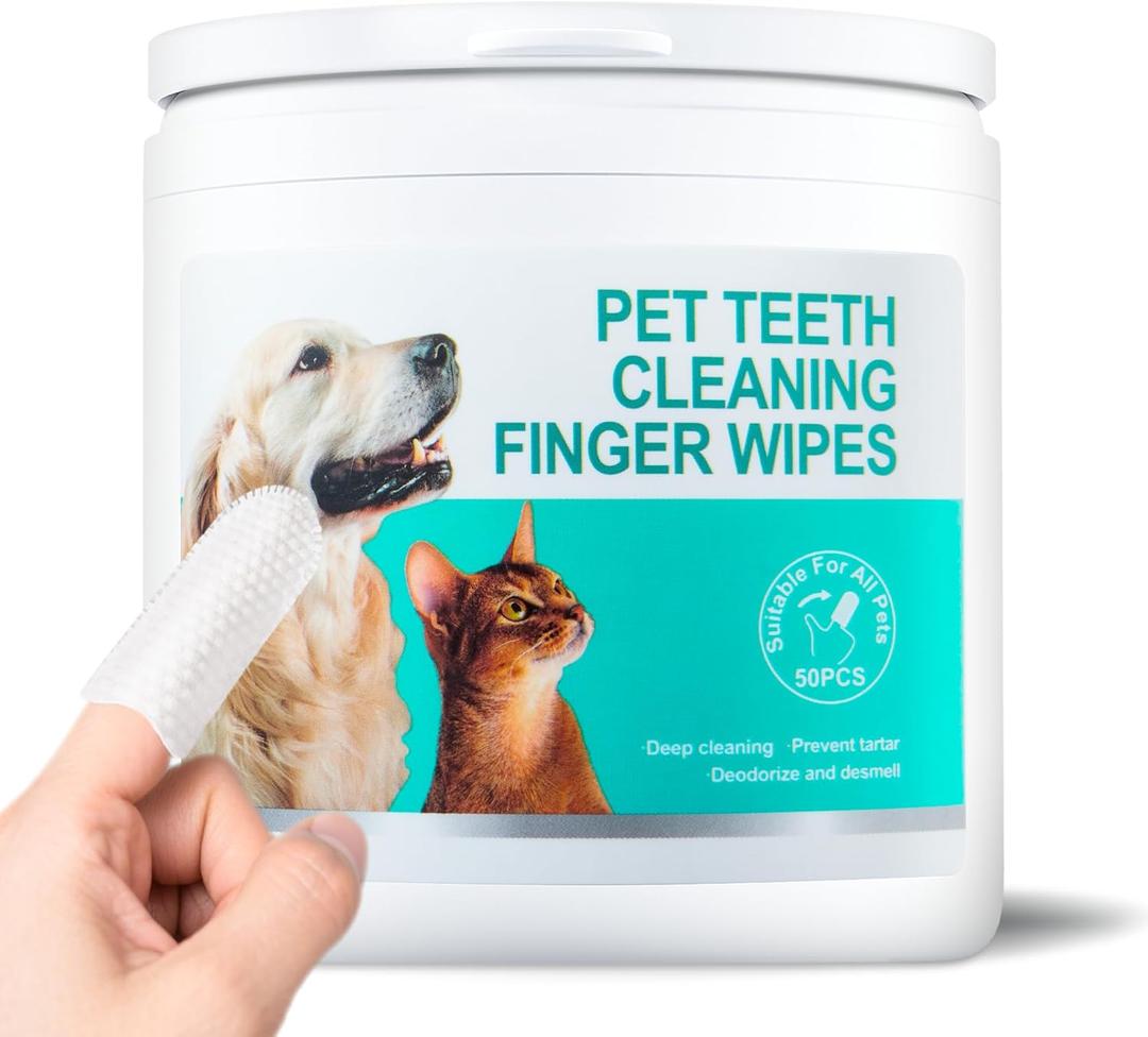 Teeth Cleaning Finger Wipes for Dogs & CatsDental Cleaning Wipes for Dogs and CatsPet Teeth Cleaning Finger WipesReduces Plaque and Freshens Breath, Removes Tartar, Disposable Wet Wipes 50ct