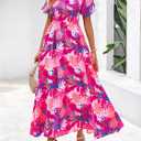 BTFBM Womens Spring 2026 Casual Maxi Dresses Short Sleeve Smocked Tiered Floral Boho Long Beach Dress with Pockets (Pink, S)