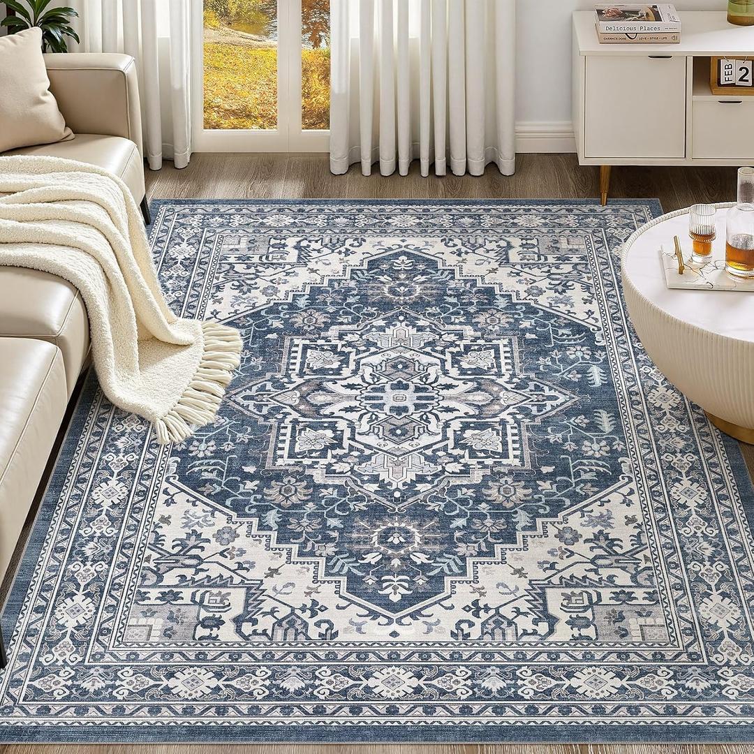 UERMEI 9x12 Area Rug for Living Room - Washable Vintage Carpet, Non-Slip Soft Large Indoor Floor Rugs for Bedroom Home Office & Under Dining Table Decor, Denim Blue/White