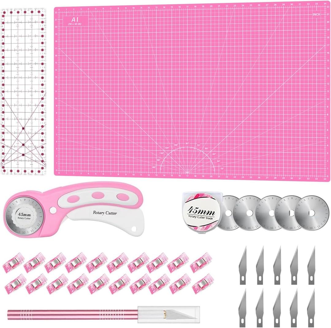 Rotary Cutter Set Pink- Quilting Kit incl. 45mm Fabric Cutter, 5 Replacement Blades, A1 Cutting Mat, Acrylic Quilting Ruler and Sewing Clips, Craft Knife Set, Ideal for Crafting, Sewing, Patchworking Rotary Cutter Set Pink- Quilting Kit incl. 45mm Fabric Cutter, 5 Replacement Blades, A1 Cutting Mat, Acrylic Quilting Ruler and Sewing Clips, Craft Knife Set, Ideal for Crafting, Sewing, Patchworking