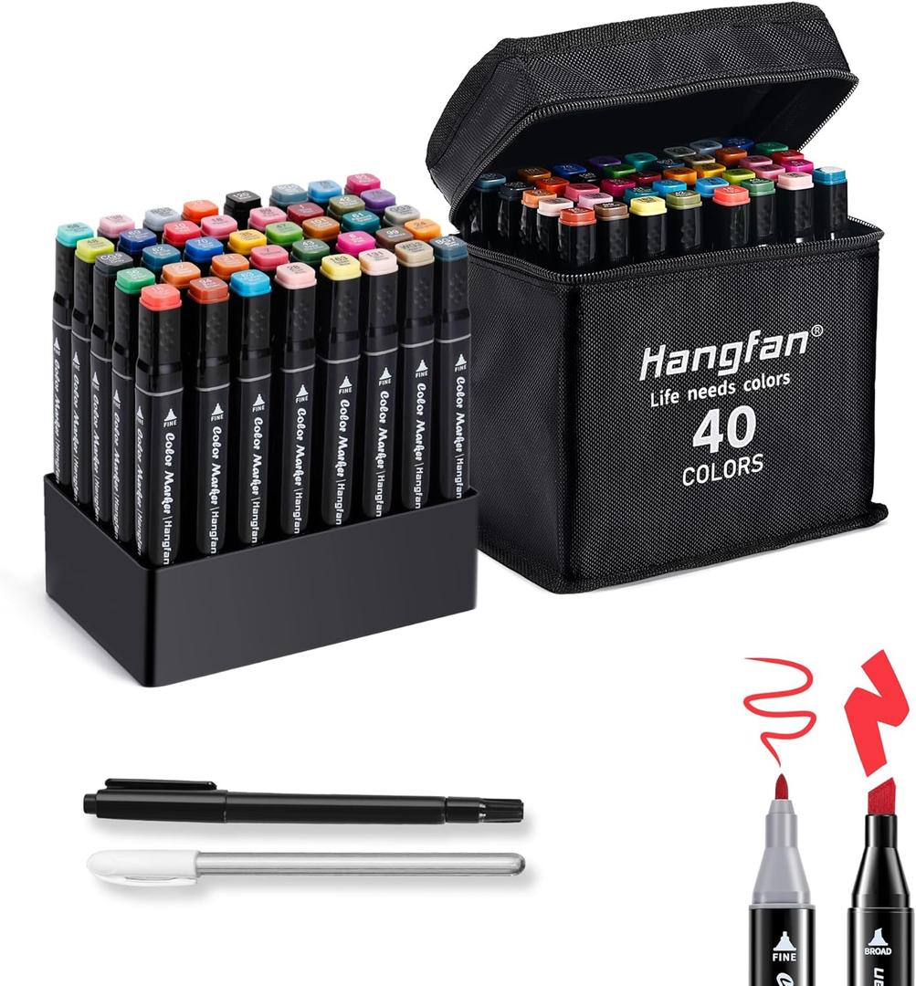 Art Markers, for Adult Coloring Books No Bleeding,40 Colors Dual Tip Alcohol Markers Brush Tip,Give 1 White Highlighter,1 Tracing Pen,Anime Coloring Sketch Illustrations (Black Pen Container)