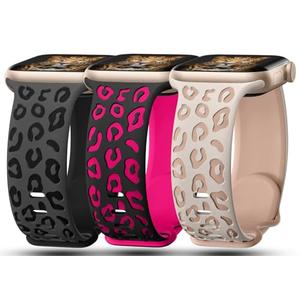 3 Pack Leopard Engraved Bands Compatible with Apple Watch Band 41mm 40mm 38mm Women, Soft Silicone Cheetah Embossed Sport Strap for iWatch Series 10 9 8 7 6 5 4 3 2 1 Ultra.DBK-BKH,SLM