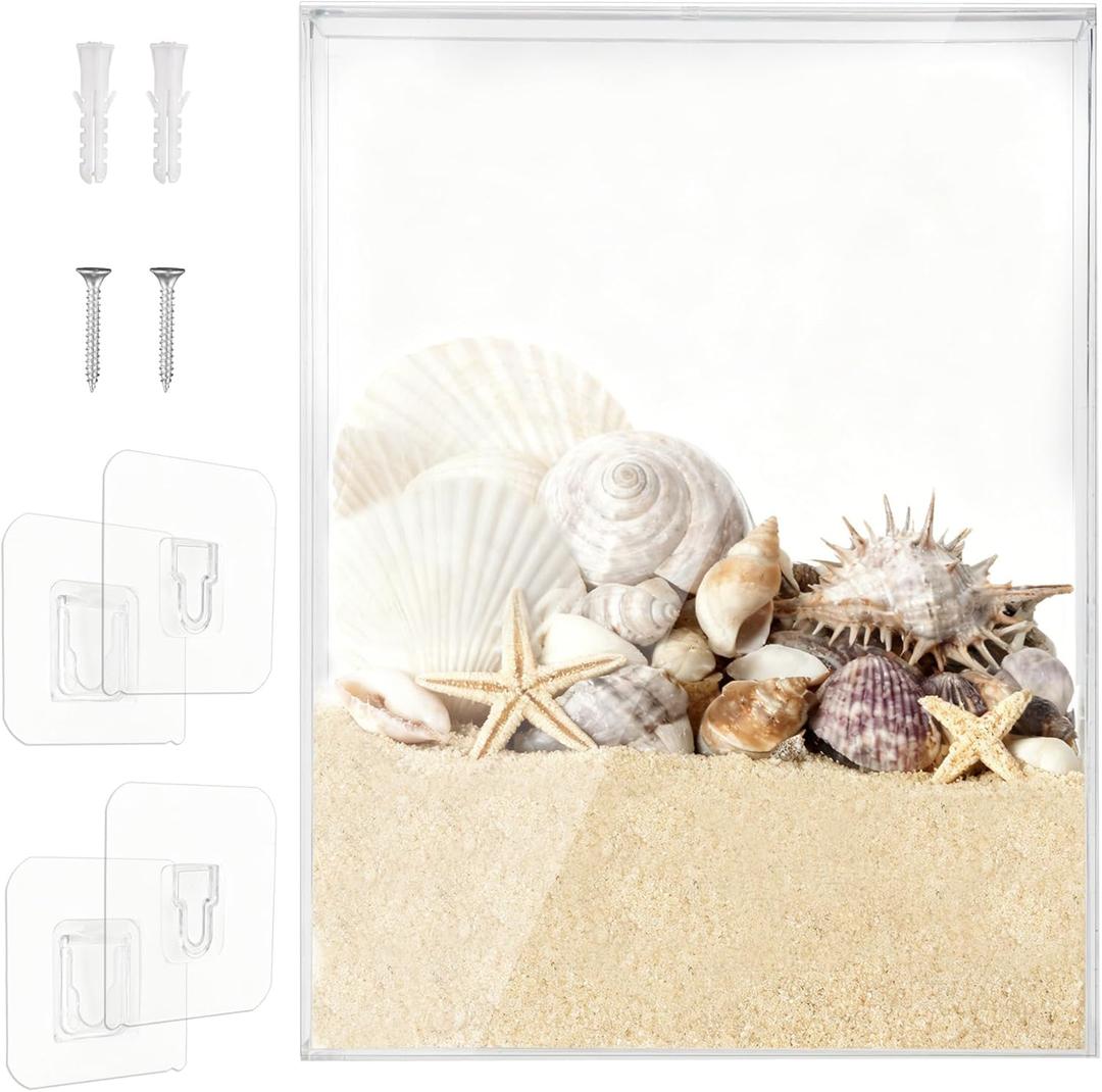 8.8 x 11.4 Inch Acrylic Seashell Display Box, Wall Mount Sea Shell Holder Acrylic Shadow Box Frame for Shells, 3D Floating Display Case, Clear
