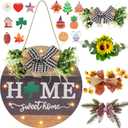 Interchangeable Seasonal Welcome Sign Front Door Decoration with 4 Seasonal Wreaths and LED Light, Rustic Round Wood Wreaths Wall Hanging Outdoor, Farmhouse Front Door Decoration Home Dcor