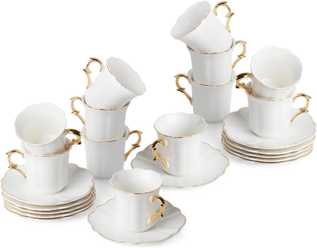 BTaT Espresso Cups and Saucers, 2.4 oz, Set of 12, Gold Rim and Gift Box, Demitasse Cups (White)