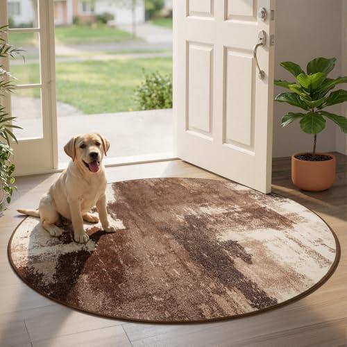 Merelax 4ft Round Brown Abstract Area Rug, Washable Non Slip Circle Rug for Entryway, Kitchen, Bedroom, Bathroom, Nursery, Living Room, Thin Soft Circular Rugs Indoor Décor, Low Pile Carpet, Coffee