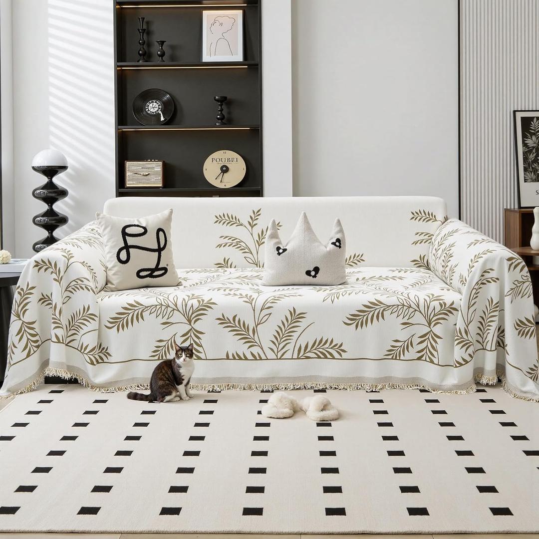 Boho Chenille Sofa Cover, Reversible Beige Couch Protector for Dogs, Washable 2-Cushion Loveseat Slipcover with Leaves Khaki Pattern, 71"x118" (Light Brown (Leaves))