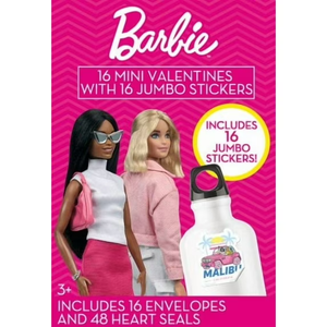 Barbie 16 Mini Valentines with 16 Jumbo Stickers. Pack of 3