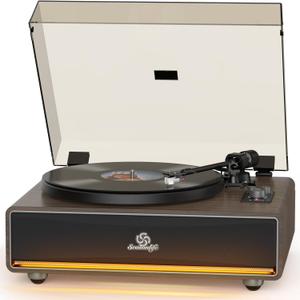 Vinyl Record Player Built in HiFi Stereo Speakers BT Wireless Input Belt Drive Iron Platter Turntables for Vinyls Records with MM Audio AT-3600L Cartridge Soft Warm Light Design Wooden Cream Walnut
