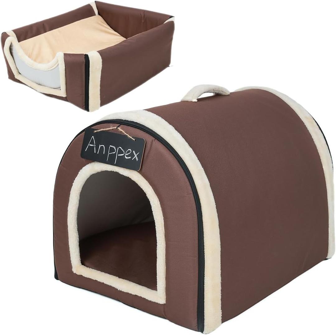 ANPPEX Small Igloo Dog House Indoor,M Size Dog Cave for Small Dogs and Cats,2-in-1 Washable Covered Dog Bed,Brown (M(pets up to 11 lbs))