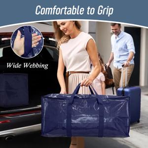 2 Pack Extra Heavy Duty Large Moving Bags with Strong Zipper & Comfortable Handles, Sturdy & Durable Clothes Storage Bags Totes Bins, Blue Packing Moving Boxes for College Supplies, Dark Blue