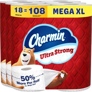 Charmin Ultra Strong Toilet Paper, 18 Mega XL = 108 Regular