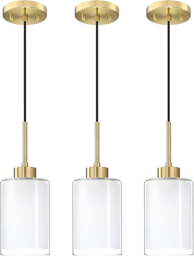 3 Pack 1 Light Indoor Hanging Kitchen Island Pendant Light 4.75 Inch Clear Frosted Glass Chandelier Shade Fixture,Brushed Bronze Finish for Bar,Dining Room Over Sink