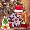 VCUTEKA Small Ceramic Christmas Tree Hand-Painted Vintage Tabletop Christmas Tree Holiday Decoration with Multi-Color Lights Green Xmas Trees Snowmen 8.75inch