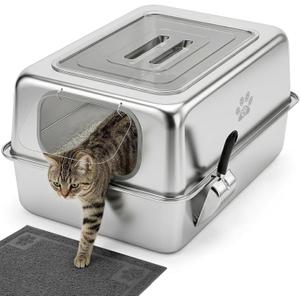 Ptlom Enclosed Stainless Steel Litter Box for Large Cats, Leak-Proof Metal Cat Toilet with Lid, Ventilated Top Opening Covered Cat Pan High Sided Walls, Scoop & Litter Mat, 27.7" x 19.8" x 13.1"
