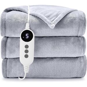 HYLEORY Heated Electric Blanket Throw, 2-Layer Cozy Warm Flannel 50" x 60", Heating Blanket with 9 Heating Levels, 2/4/6/10 Hours Auto Off, Fast Heating Winter Blanket, Light Grey