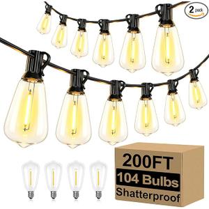 Brightever Outdoor String Lights 200FT Waterproof, Patio String Lights for Outside with 100+4 ST38 Shatterproof LED Filament Bulbs, Dimmable Hanging Lights for Christmas, Party, Cafe (2Pack 100FT)