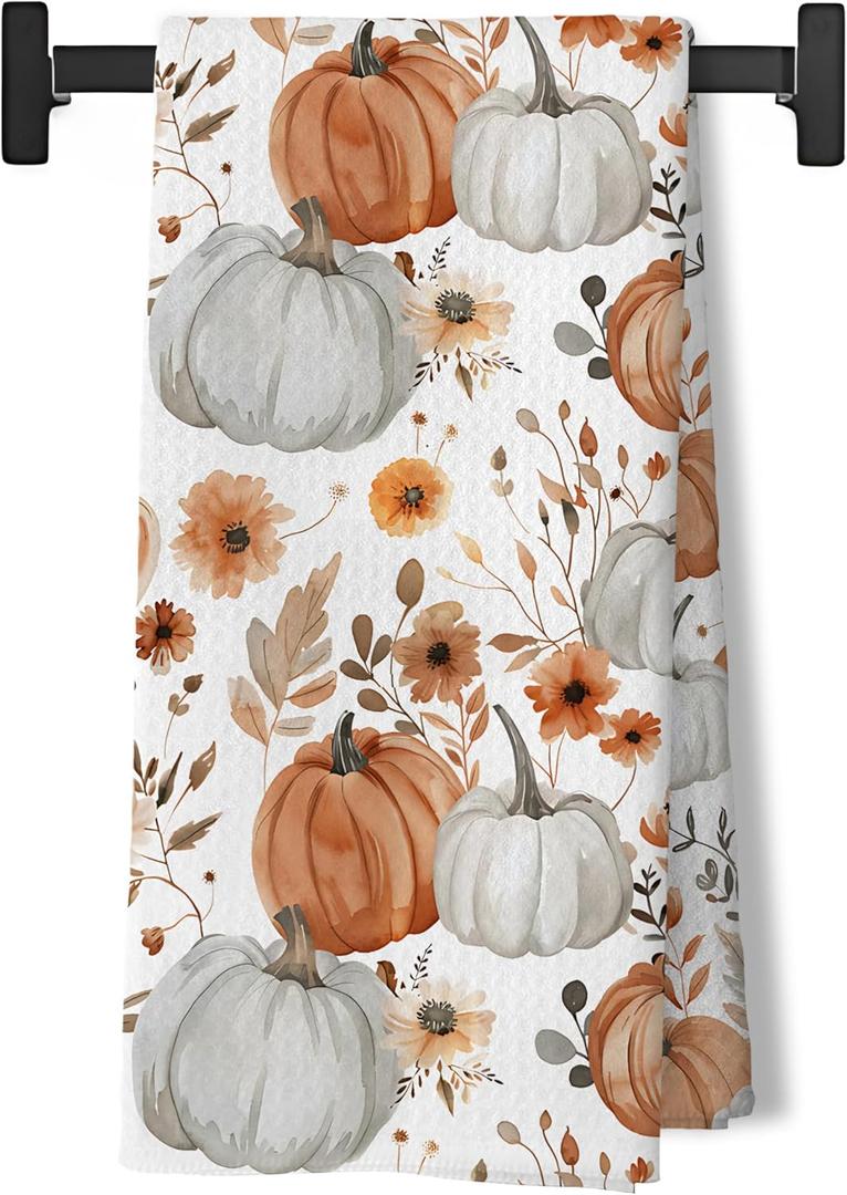 Fall Pumpkin Kitchen Dish Tea Towels, Farmhouse Fall Autumn Floral Pumpkin Harvest Decorative Hand Towels for Bathroom Kitchen, Autumn Bathroom Decor, 16x24 Inch
