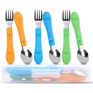 6PCS Toddler Utensils, 316 Stainless Steel Baby Safe Forks + Spoons with Silicone Handle, BPA Free Dishwasher Safe Kids Silverware Cutlery with Box, Bright Orange/Blue/Green (2 Piece Set (Fork, Spoon) - Set of 3)