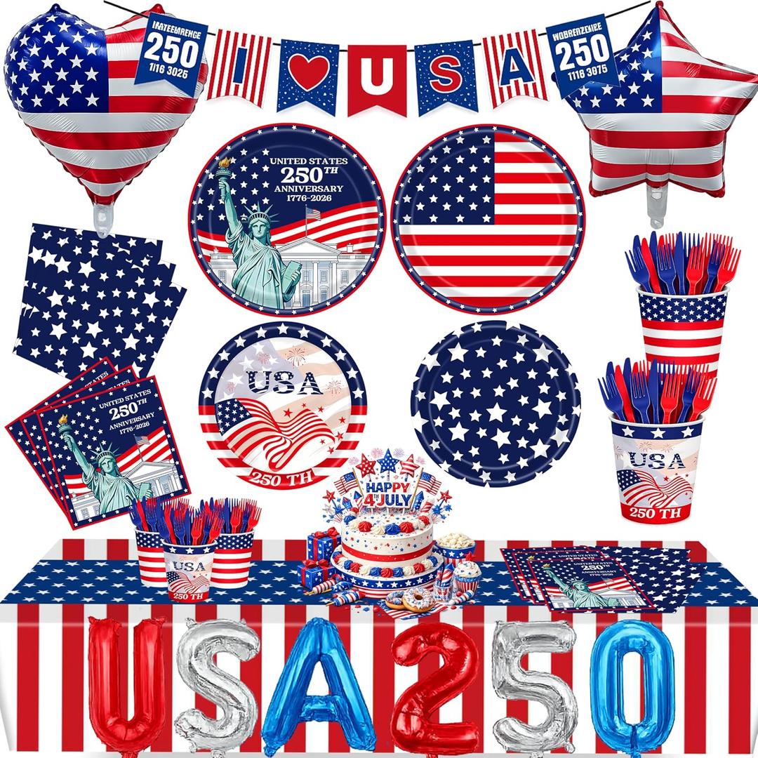 154pcs 4th of July Party Supplies Set for 24 Guests, Patriotic Decorations and Tableware with Paper Plates, Napkins, Cups, Cutlery, Tablecloth, USA Banner, Balloons for Independence Day Memorial Day