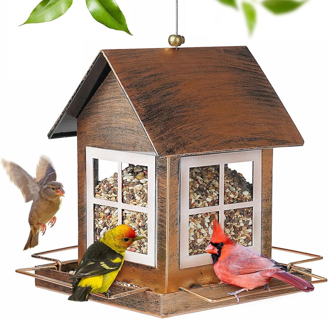 Bird Feeders, Heavy Duty Metal Bird Feeder for Outdoors Hanging, Weatherproof Large Capacity Wild Birdfeeder for Outside Garden Yard, Country House Shape (Square)