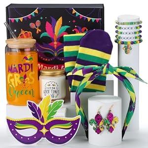 Daifunli 8 Pcs Mardi Gras Gifts Set for Women Purple Gift Basket Includes 17oz Coffee Glass with Lid Straw Scented Bracelet Hairband Socks Earrings Card Box for Carnival Holiday