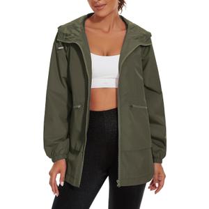PESION Womens Waterproof Raincoat Lightweight Rain Jacket Trench Coat Hooded Windbreaker With Pockets for Outdoor (Green, S)