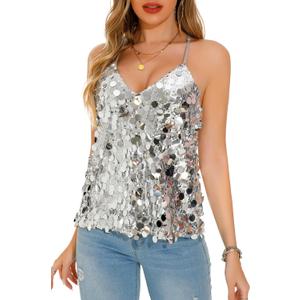 GUANYY Sequin Tops for Women Sparkly Strappy Tank Tops Sexy V Neck Top Concert Outfits Party Disco Club Night, X-Large