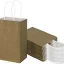 Toovip 50 Pack 5.25x3.25x8.25 Inch Small Gold Kraft Paper Bags with Handles Bulk, Gift Wrap Bags for Favor Grocery Retail Party Birthday Shopping Business Goody Craft Merchandise Take Out Cub Sacks