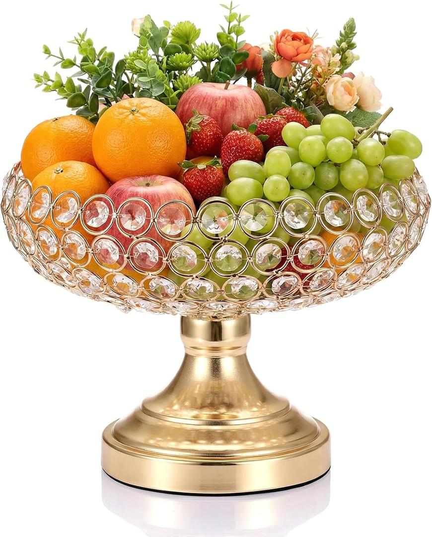 OwnMy Gold Crystal Fruit Bowl for Kitchen Counter, 10 Inch Large Decorative Bowl for Table Centerpieces, Crystal Candy Dish for Office Desk Home Decors, Metal Pedestal Bowl for Entryway Table